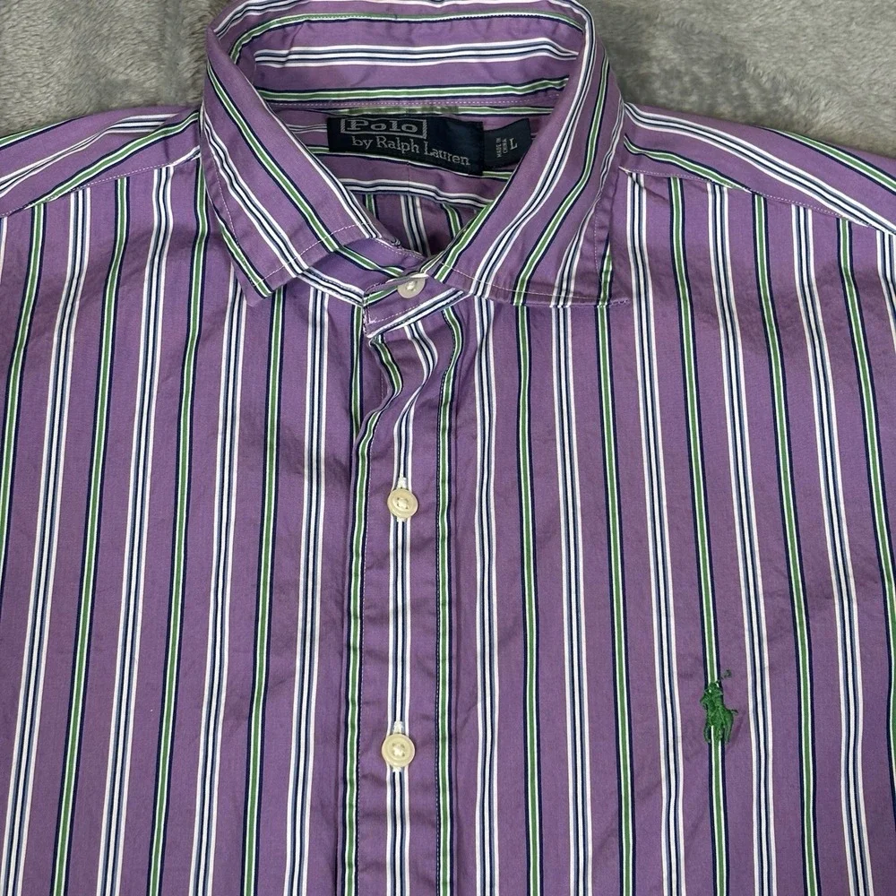 Polo Ralph Lauren Shirt Mens Size Large Purple Green Striped Green Logo Preppy